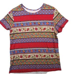 Vtg Patchwork Calico Floral‎ Cottage White Stag Tshirt Top Cotton Womens Size M